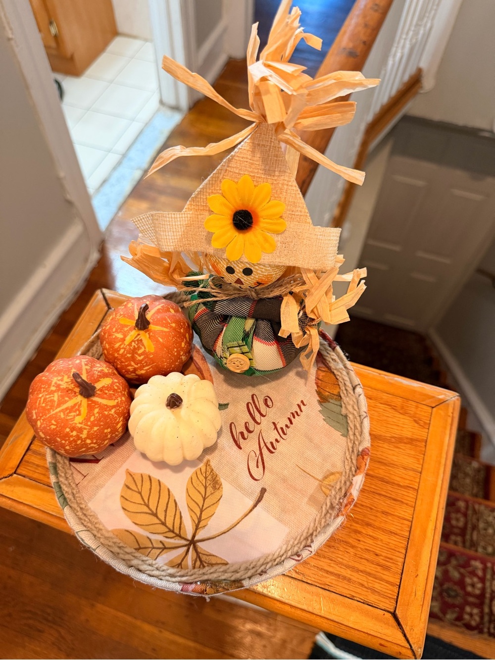 Autumn Scarecrow Decor with Yellow Sunflower Accent
